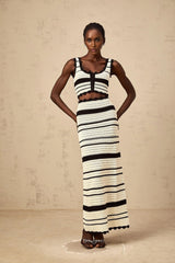 Yasmin Vest & Skirt Set Crochet Knit Horizontal Stripe Scallop Hem White & Black