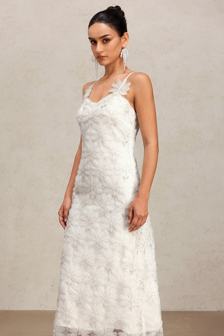 Yasmin White Lace Halter Maxi Dress Floral Detailing Lightweight Fabric Elegant Silhouette Wedding Garden Party Dress