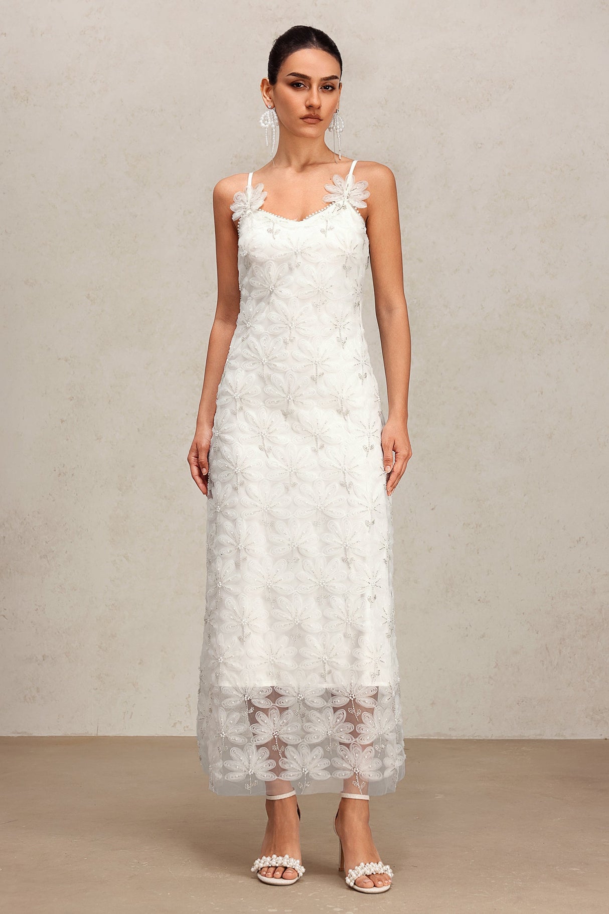 Yasmin White Lace Halter Maxi Dress Floral Pattern Elegant Sophisticated Lightweight Wedding Garden Party Fashion Forward