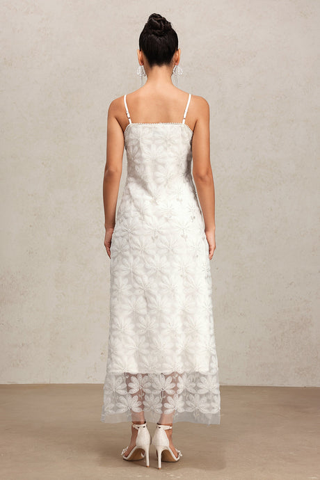Yasmin White Lace Halter Maxi Dress Floral Patterns Lightweight Fabric Elegant Sophisticated Stylish Graceful Wedding Summer Garden Party Fashion Forward Wardrobe
