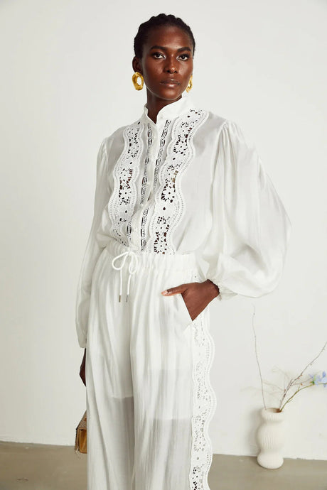 Zuri Shirt & Trousers White Lace Set - modified