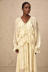 Yellow floral print midi dress with ruffles and chiffon fabric named Oriane