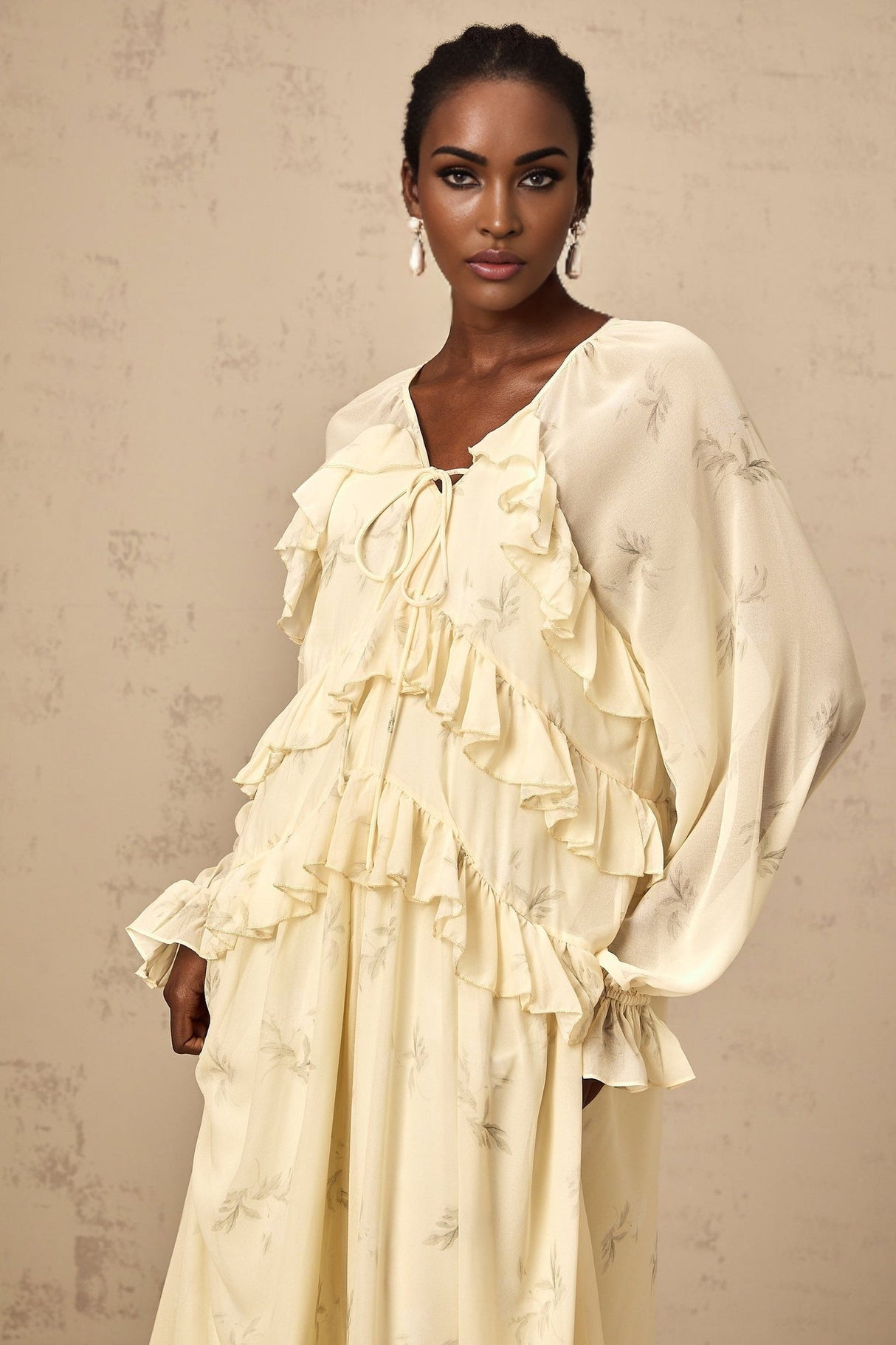 Yellow floral print midi dress with ruffles and chiffon fabric Oriane style