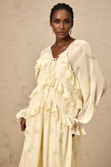 Yellow floral print midi dress with ruffles and chiffon fabric Oriane style