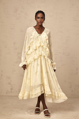 Yellow floral print midi dress with ruffles and chiffon fabric Oriane style