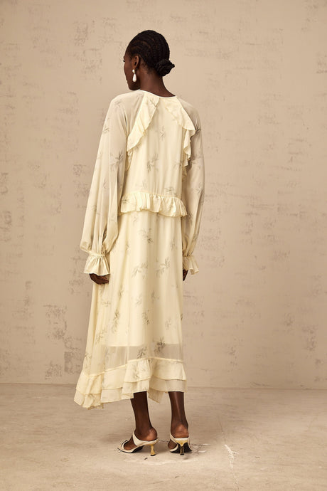 Yellow floral print midi dress with ruffles made of chiffon fabric named Oriane
