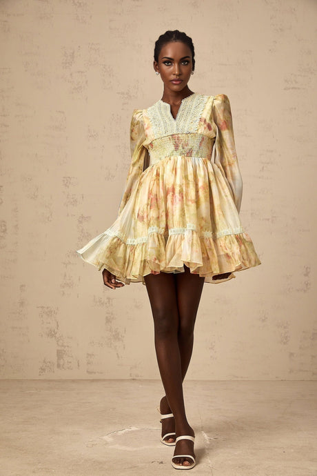Yellow floral print mini dress with lace panels called Olivia