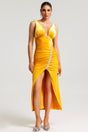 Yellow Hakula Diamante Slit Midi Dress with V-neckline and side slit