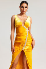 Yellow Hakula Diamante Slit Midi Dress with V-neckline and side slit