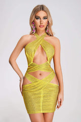 Yellow Izna Halterneck Sequin Mini Dress