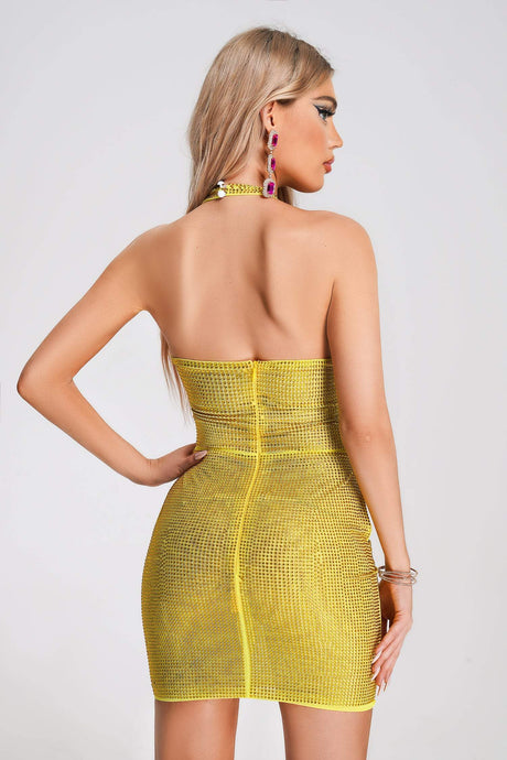 Yellow Izna Halterneck Sequin Mini Dress with Cutouts and Halterneck Design