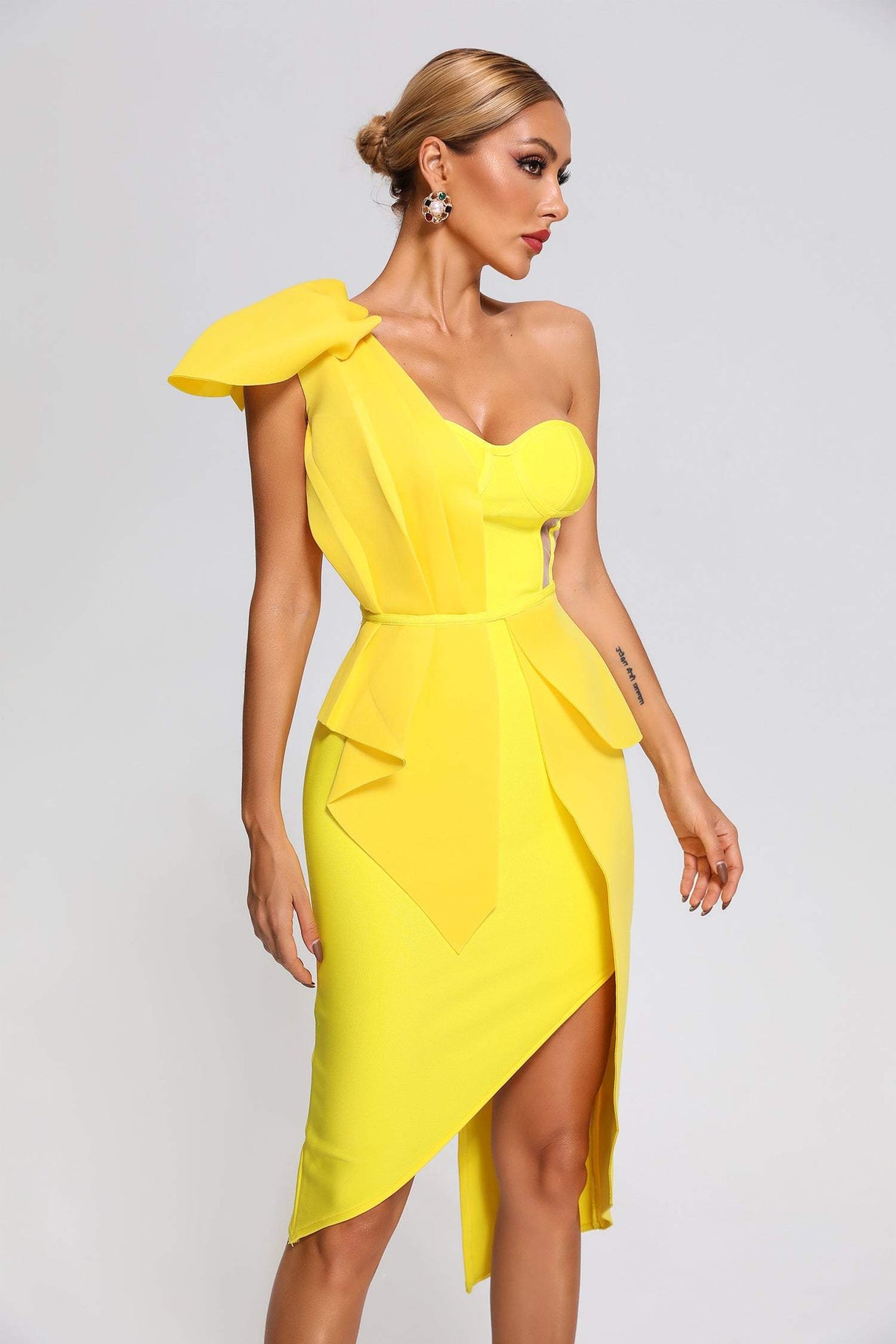 Yellow One Shoulder Midi Dress with Draped Detail