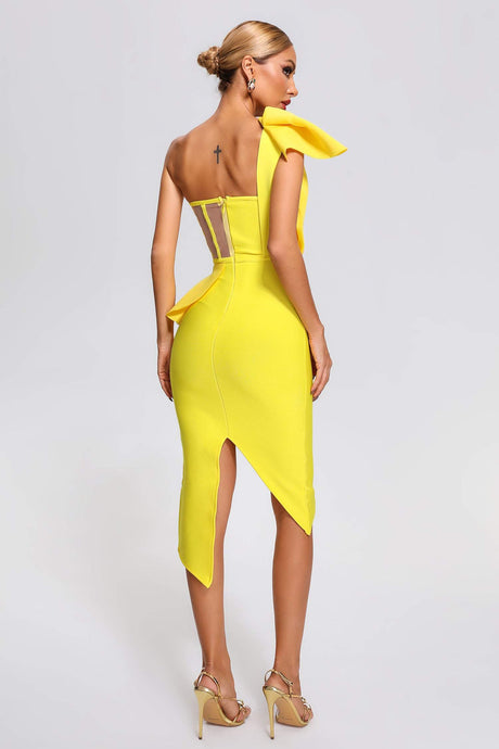 Yellow One Shoulder Midi Dress with Draped Detail and Asymmetrical Hemline