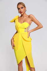 Yellow One Shoulder Midi Dress with Draped Detail and Asymmetrical Hemline
