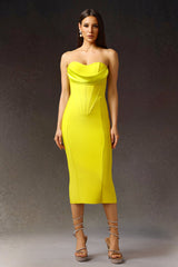 Yellow Suku Sleeveless Fish Bone Bandage Midi Dress