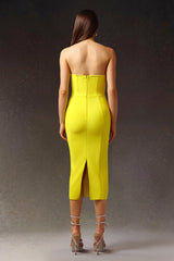 Yellow Suku Sleeveless Fish Bone Bandage Midi Dress