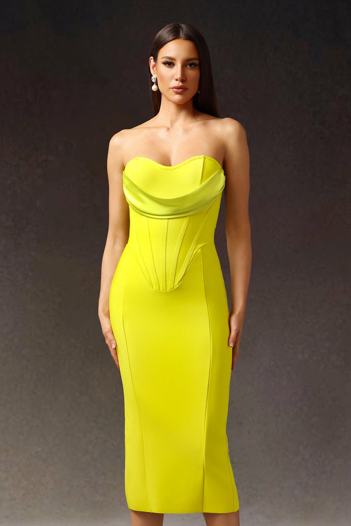 Yellow Suku Sleeveless Fish Bone Bandage Midi Dress