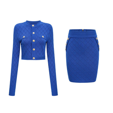 Young woman wearing a blue knitted matching set with a cropped top and mini skirt featuring decorative buttons