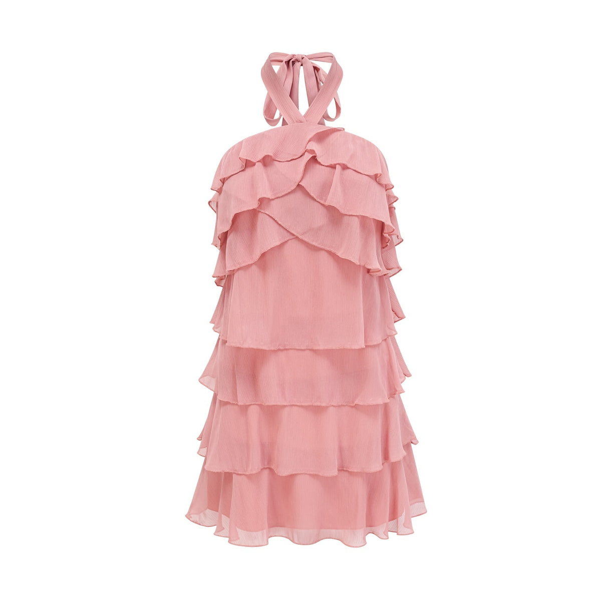 Young woman wearing a pink halterneck mini dress with tiered ruffles standing against a plain background