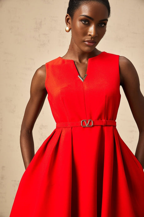Young woman wearing a red mini dress with split neckline and cinched waist