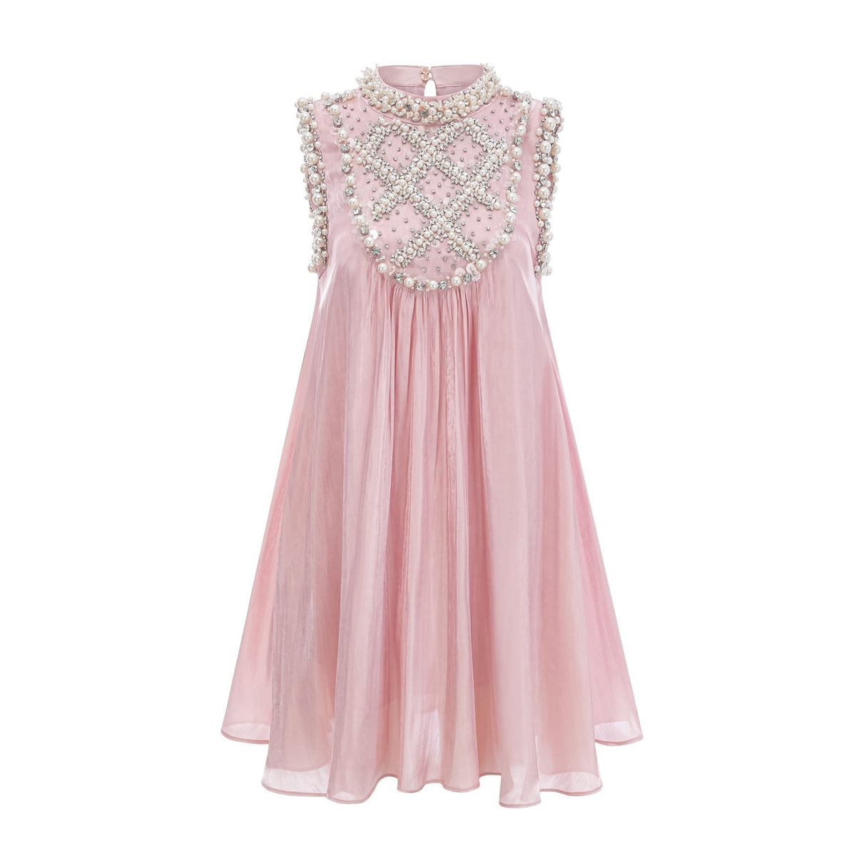 Young woman wearing a short pink dress with pleated skirt and embellished bodice