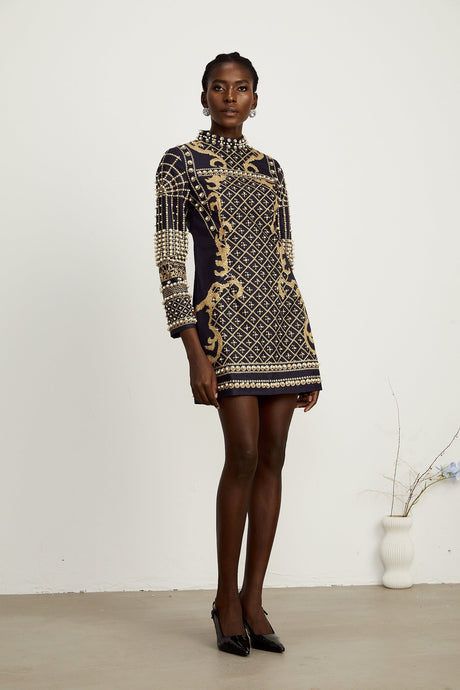 Ysabella fauxpearl longsleeve mini dress