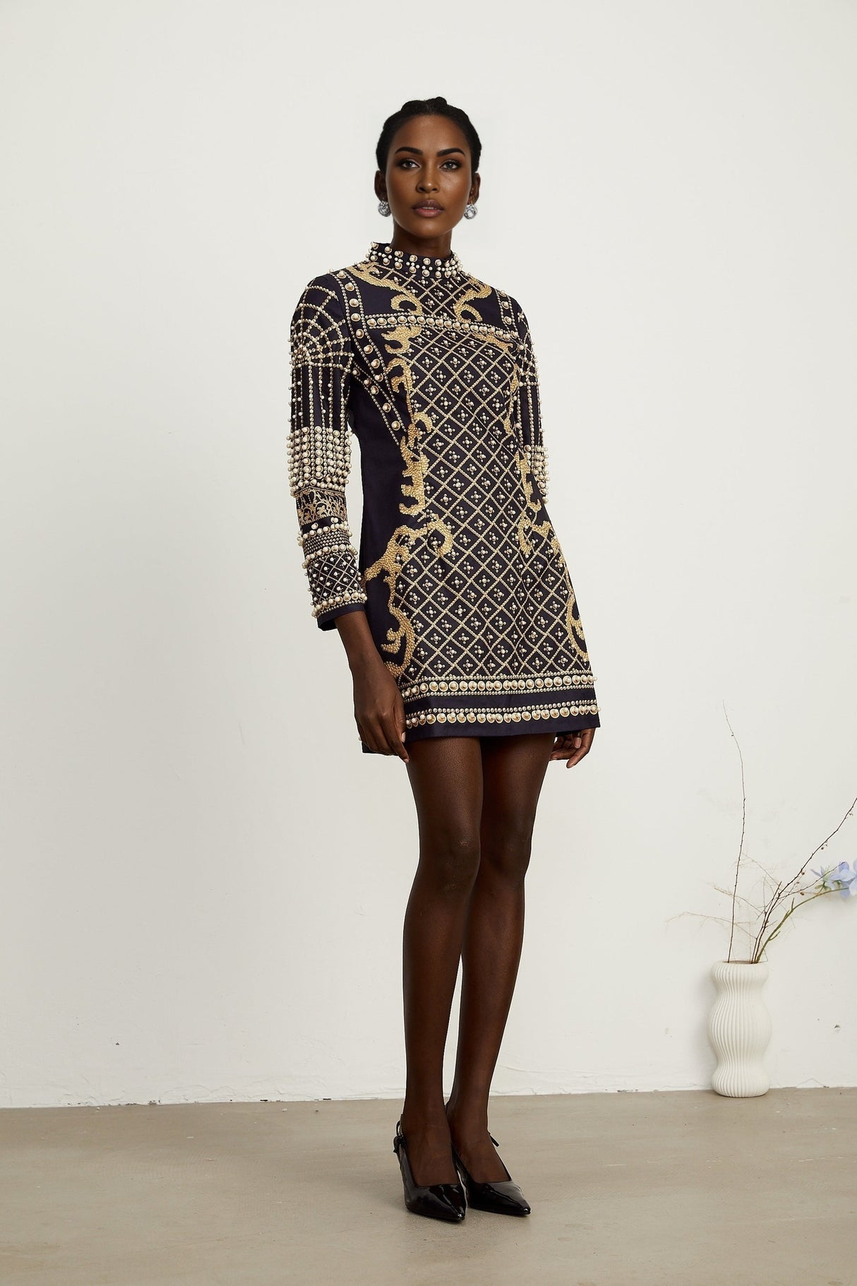 Ysabella fauxpearl longsleeve mini dress