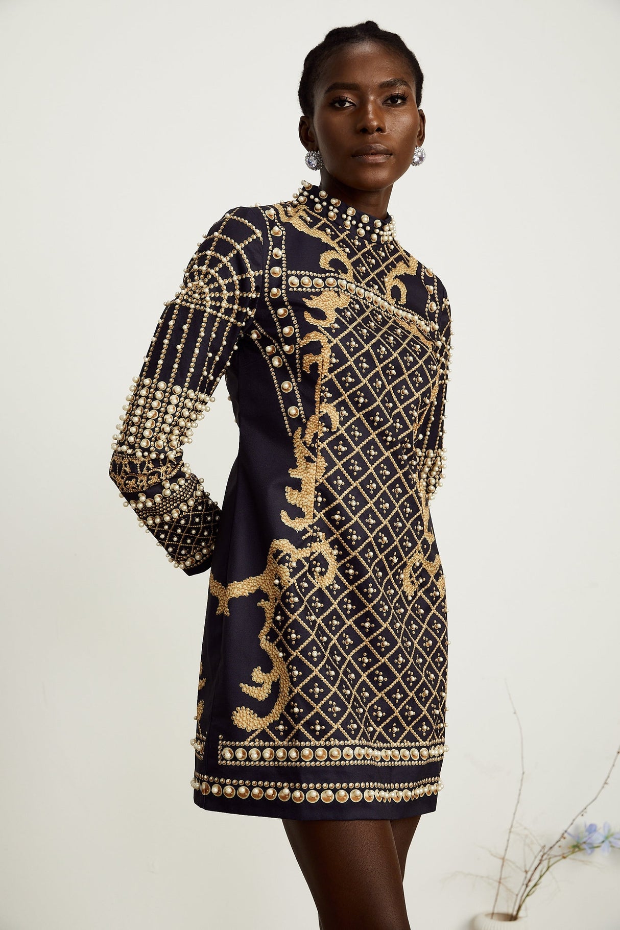 Ysabella fauxpearl longsleeve mini dress
