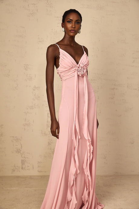Ysandre womens pink maxi dress with 3D petal tulle details full length view on white background
