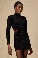 Yvette black velvet mini dress with cut out design and stud embellishments