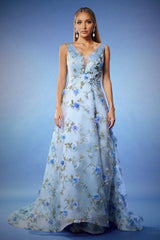 Yvette Blue Floral Maxi Dress for Weddings Proms Formal Events