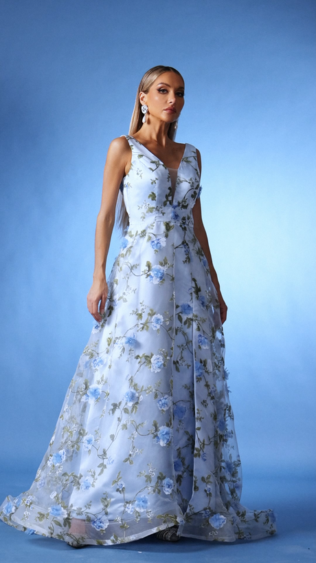 Yvette Blue Floral Maxi Dress for Weddings Proms Formal Events