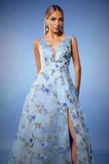Yvette Blue Floral Maxi Dress Elegant Feminine Sleeveless V-Neckline Wedding Prom Formal Event Sophisticated Charm High-Quality Materials Comfortable Fit Flattering Figure