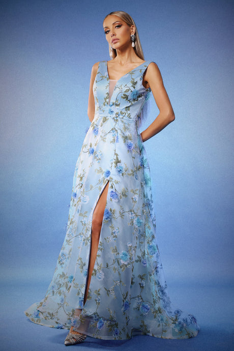 Yvette Blue Floral Sleeveless Maxi Dress for Weddings Proms Formal Events