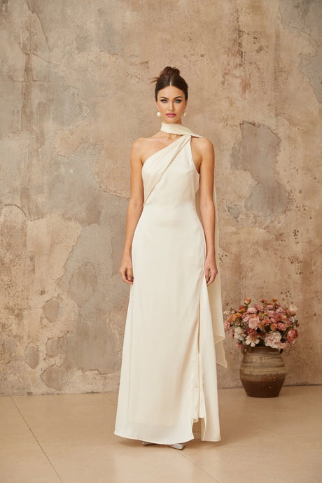 Yvette Maxi Dress White Satin Scarf Detail & Side Slit