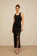 Yvette Midi Dress Black Fringed Knit Fitted Cut - Out & Braided Edge