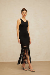 Yvette Midi Dress Black Fringed Knit Fitted Cut - Out & Braided Edge
