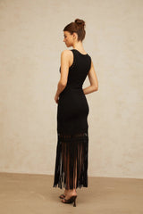 Yvette Midi Dress Black Fringed Knit Fitted Cut - Out & Braided Edge
