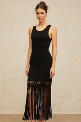 Yvette Midi Dress Black Fringed Knit Fitted Cut - Out & Braided Edge