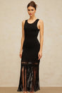 Yvette Midi Dress Black Fringed Knit Fitted Cut - Out & Braided Edge
