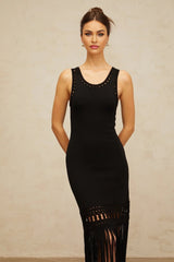 Yvette Midi Dress Black Fringed Knit Fitted Cut - Out & Braided Edge