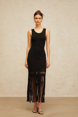 Yvette Midi Dress Black Fringed Knit Fitted Cut - Out & Braided Edge