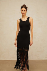Yvette Midi Dress Black Fringed Knit Fitted Cut - Out & Braided Edge