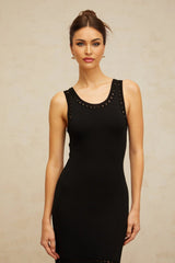 Yvette Midi Dress Black Fringed Knit Fitted Cut - Out & Braided Edge