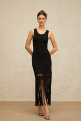 Yvette Midi Dress Black Fringed Knit Fitted Cut - Out & Braided Edge