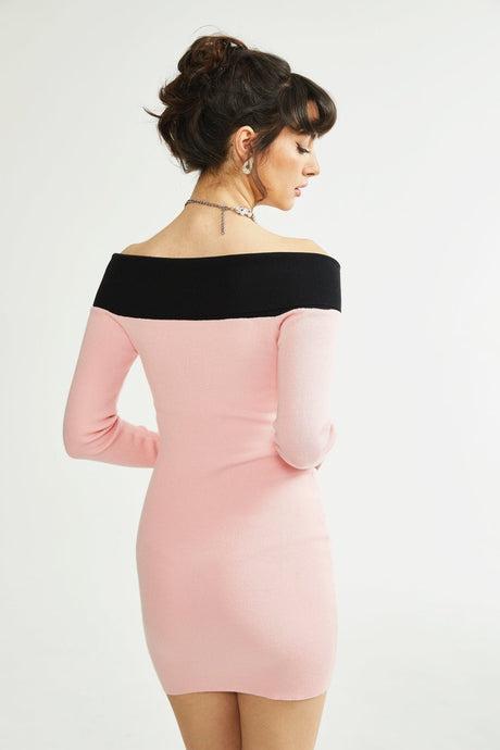 Yvette Mini Dress Pink Black Button Knit Thigh Length