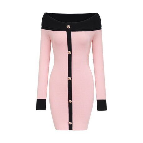 Yvette Mini Dress Pink Black Button Knit Thigh Length