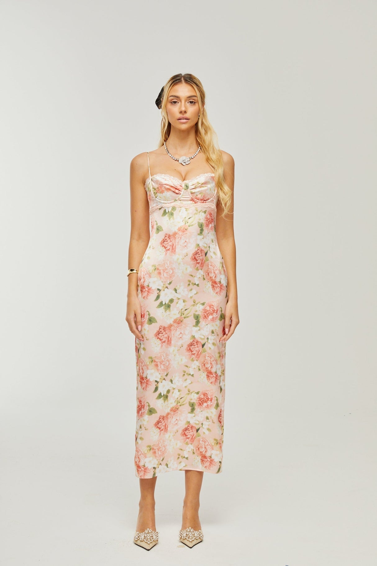 Yvette pink floralprint satin maxi dress