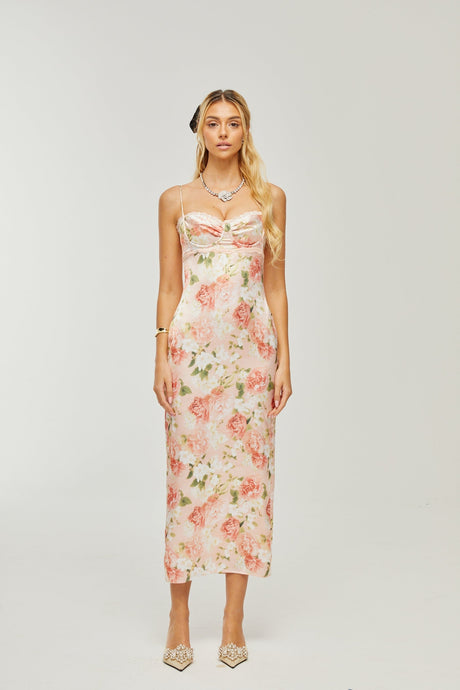 Yvette pink floralprint satin maxi dress
