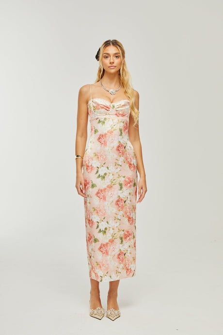 Yvette pink floralprint satin maxi dress